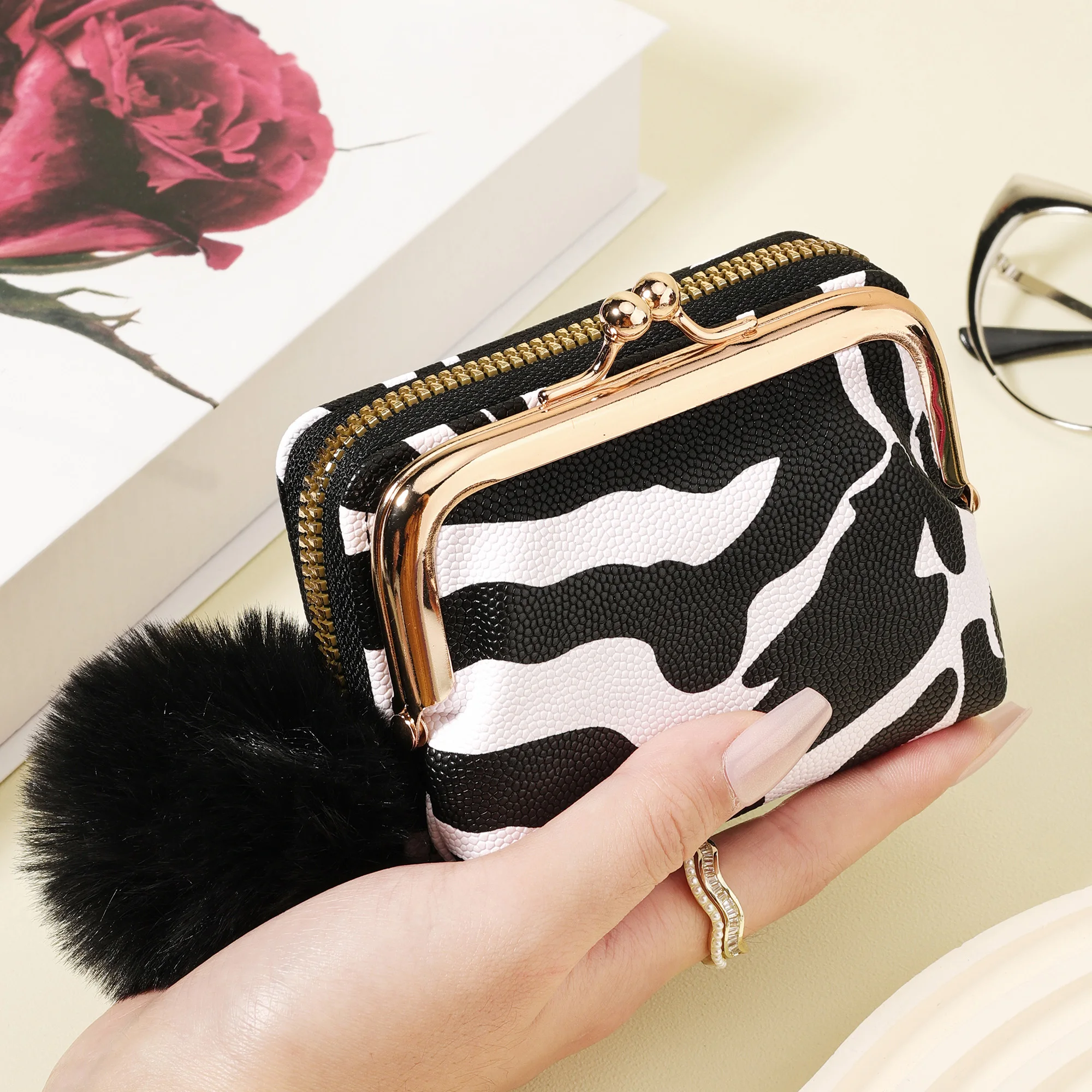 Fashionable zebra print coin wallet with double-layer zipper, Adorned with a Delicate Pom-pom, Simple leisure multi card clip, p
