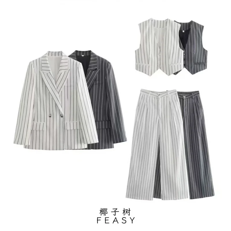 

European American Women's Fashion 2025 Hot-Selling Autumn and Winter New Striped Blazer Vest Pants Set