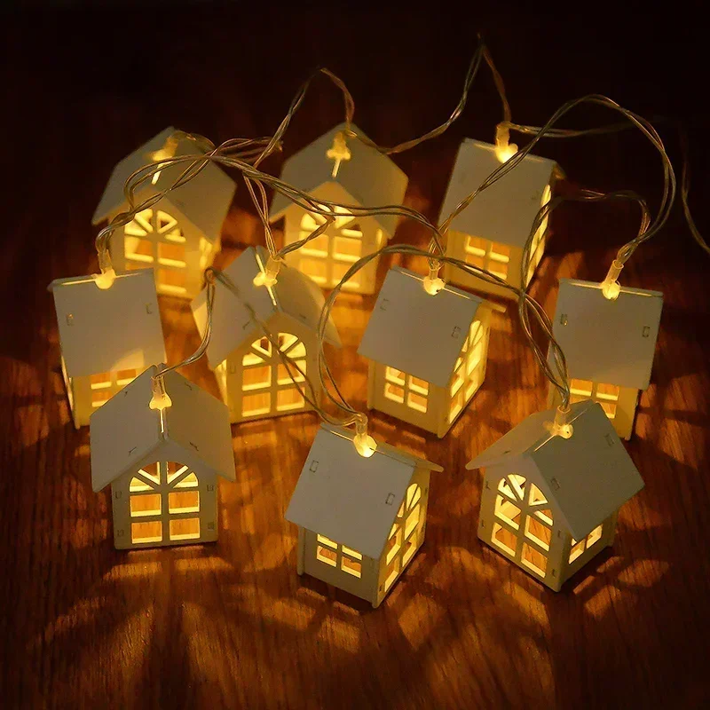 2M 10LED Christmas Wooden House LED Fairy Light String Home Hanging Garland Xmas Tree Ornaments Decoration Lamp 2025 New Year