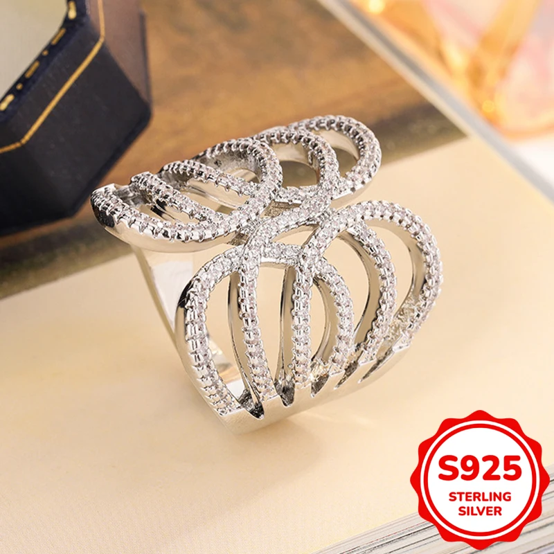

Luxurious authentic S925 sterling silver arabesque flower geometric winding cross diamond ring women's engagement gift jewelry