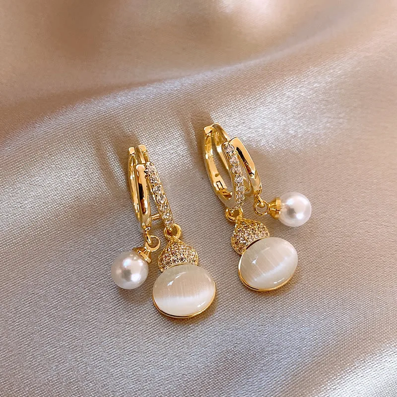 Temperament Opal Gourd Pearl Tassel Earrings For Women Lady Exquisite Rhinestone Double Rings Earring Casual Party Jewelry Gifts