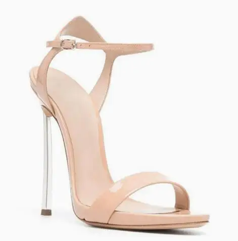 Sexy Women Nude Black Patent Leather One Line Buckle Strap Sandals Metal Blade Heels Party Dress Shoes Lady Sandals Size 47