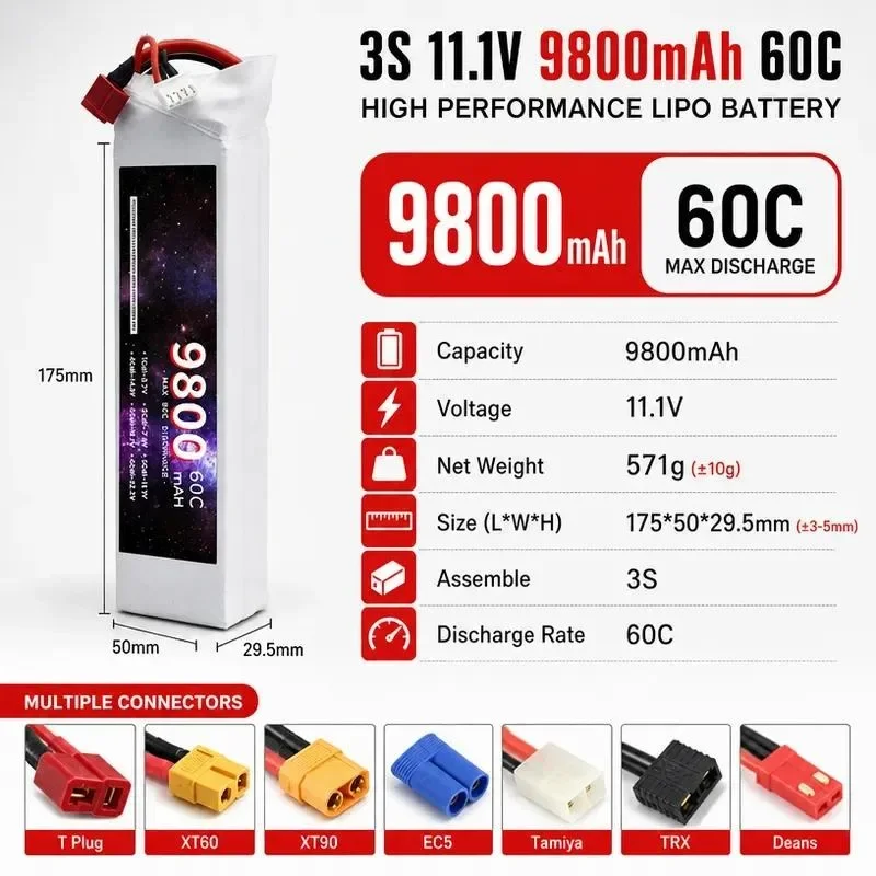 [NEW]  for 9800mAh 11.1V 3S LiPo Battery 60C High Rate Large Capacity for Drone Model Aircraft RC Helicopter Quadcopter