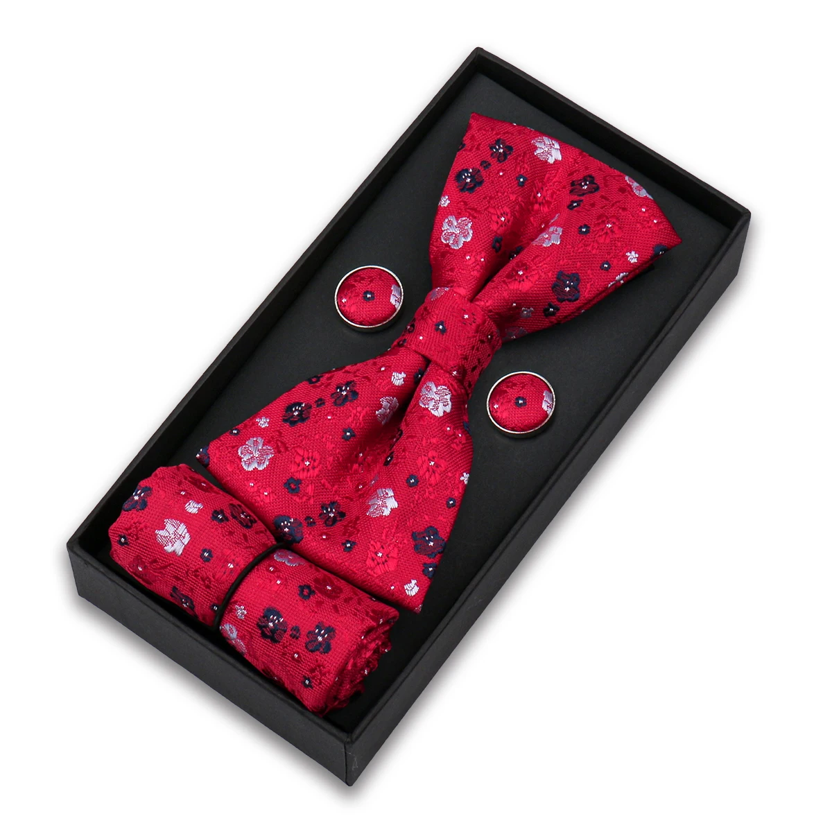 Bowtie Set For Men Gift Box Business Fashion Red Bow Tie Pocket Square Cufflinks Set Bowtie 3pcs For Wedding Hanky Cravatas Neck