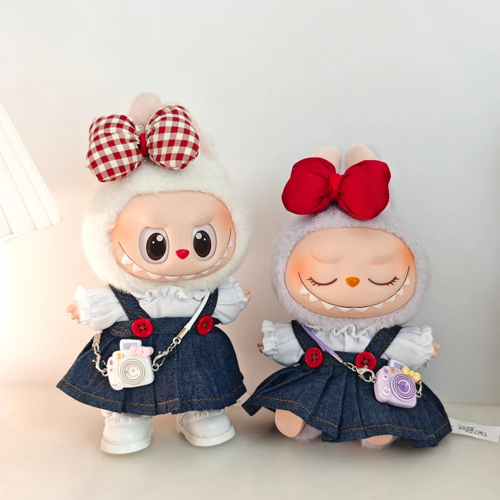 

17cm Labubu Doll Clothes Denim Skirt & Red Bow Headband Set Trendy Outfit