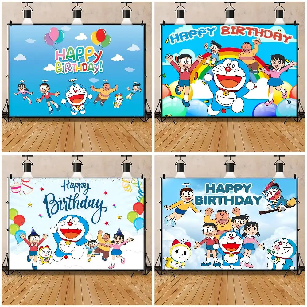 Niedlicher Geburtstagshintergrund, tropischer Sommer-Fotohintergrund, Fotokabine, Fotozone, D-doraemon
