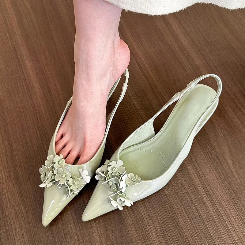 

Flower Women's Heeled Sandals Pointed Toe Elegant Mules Shoes 2025 Luxury Slippers New Party Dress Flip Flops Sandalias De Mujer