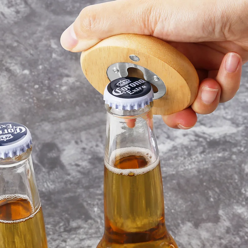 7cm Round Oak Wood Beer Bottle Opener with Magnetic Fridge Magnet, Personalised Logo for Promotion Wedding Gift view 2