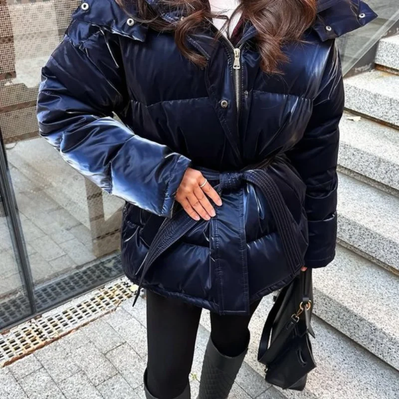 Chic Reflective Fabric Lace Up Hooded Cotton Jacket Women Stand Collar Full Sleeve Zipper Warm Overcoat 2026 Winter Lady Outwear