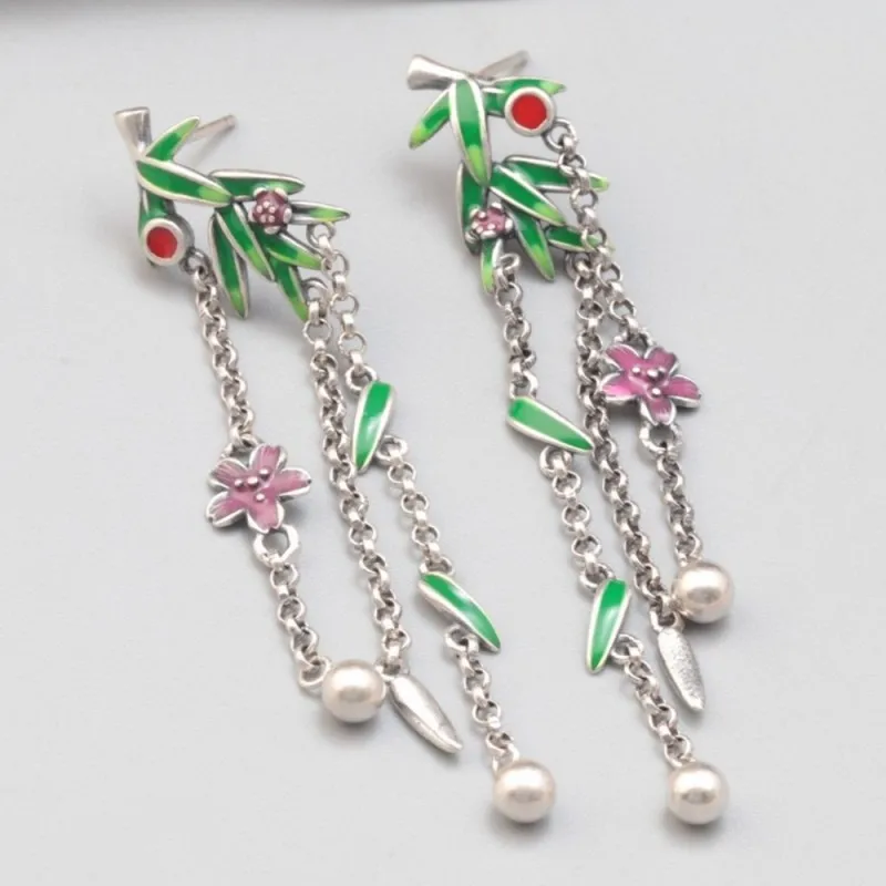 

Real Solid 925 Sterling Silver Stud Women Enamel Flower Bamboo Leaf Tassel Dangle Earrings