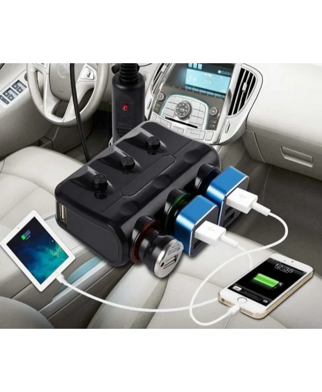 ولاعة سجائر للسيارة بقدرة 120 وات ثلاثية الاتجاهات - شاحن سريع 12-24 فولت 2 USB 3.1 أمبير لحماية جهد iPhone/الحرارة الزائدة