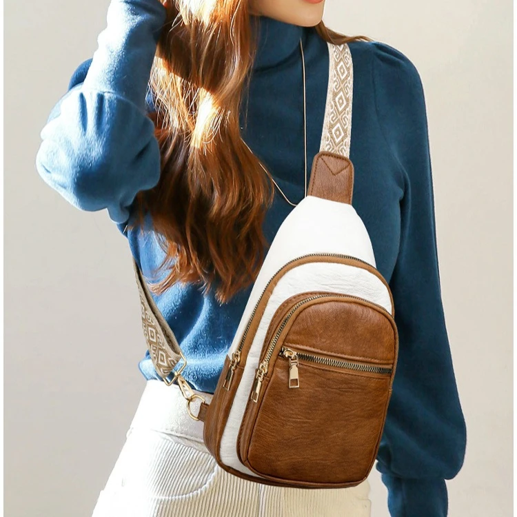PU leather retro multi-layer chest bag, color-blocking waterproof, lightweight, widened shoulder strap travel crossbody bag