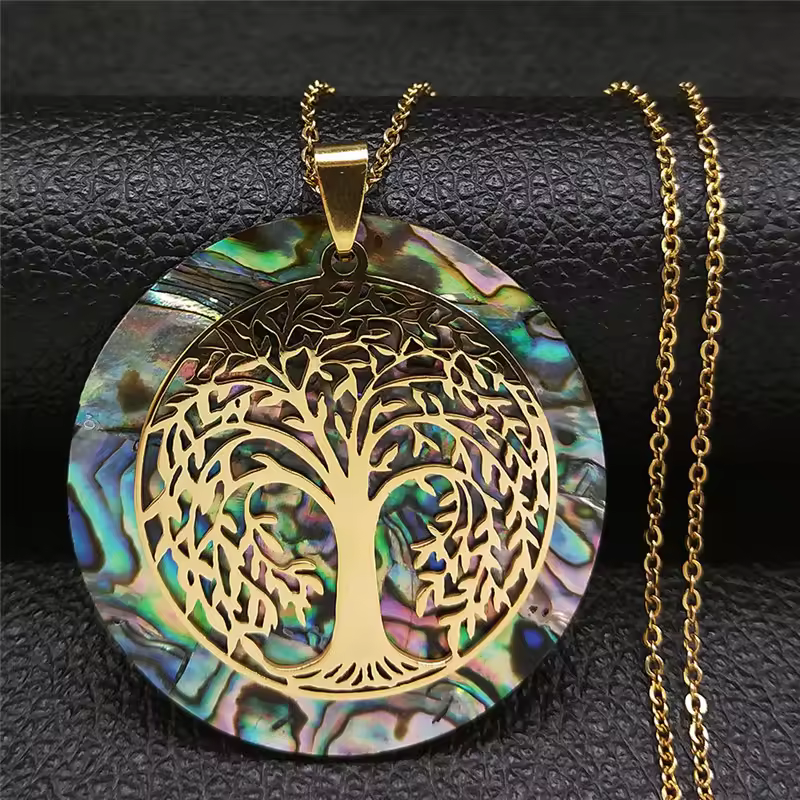 Arbre de vie en acier inoxydable coquille d'ormeau collier naturel chaîne couleur or colliers mère perle coquille Boho bijoux collier NX