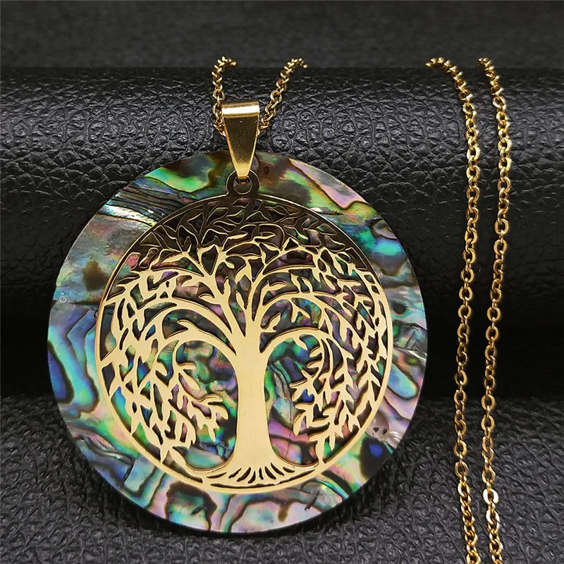 Drzewo życia ze stali nierdzewnej Abalone Shell Naturalny naszyjnik Łańcuch Naszyjniki w kolorze złotym Matka Pearl Shell Biżuteria Boho Obroża NX