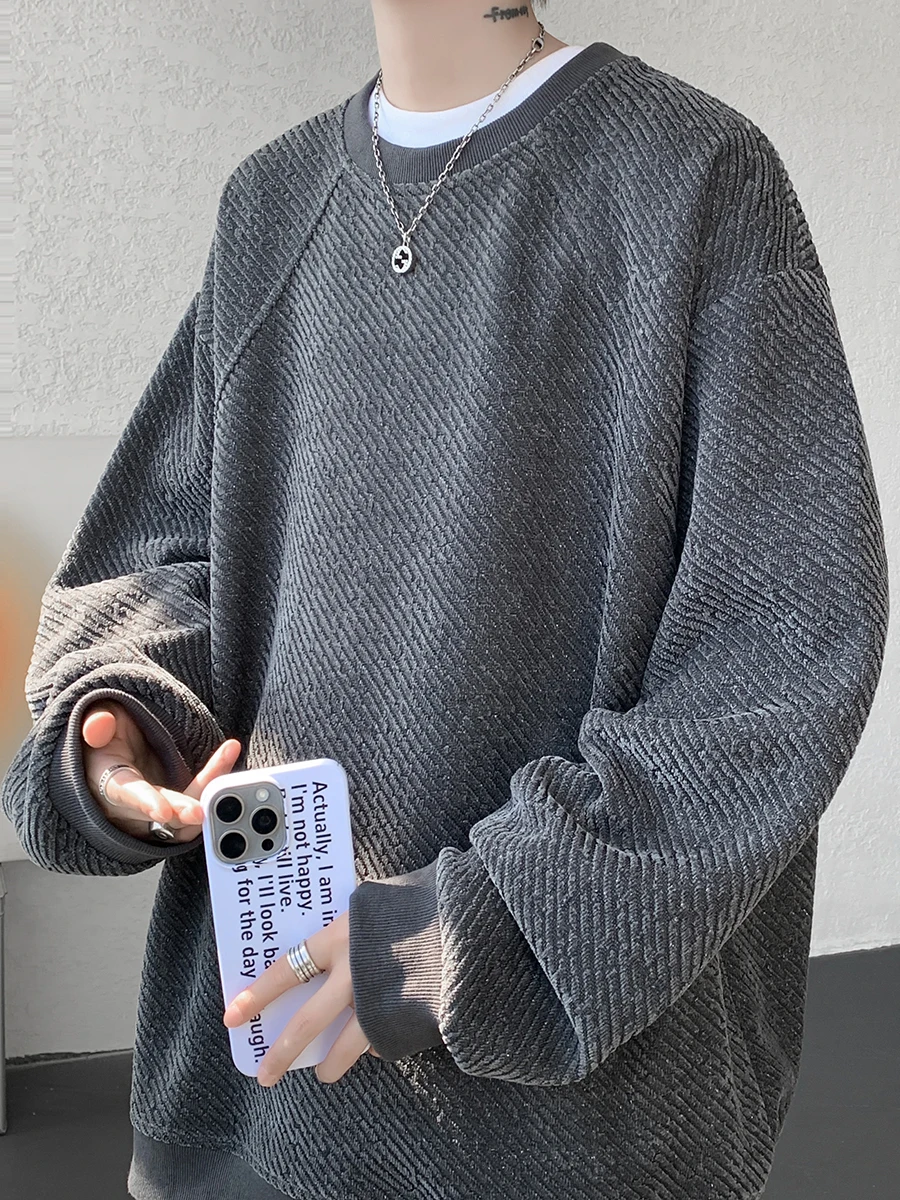 

Мужской свитер оверсайз с круглым вырезом, длинный рукав, фактурное плетение, весна-осень, повседневный, удобный, из полиэфирного волокна