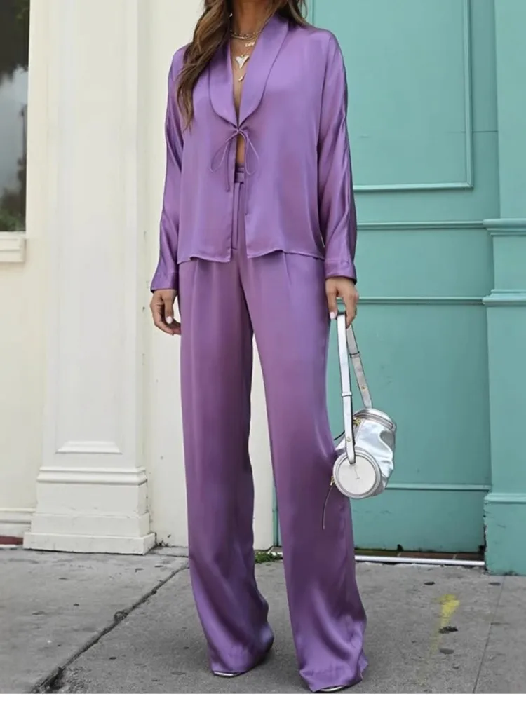 

Spring And Autumn Simple Solid Color Lace-up Wide-leg Trousers Two-piece Set Women's Fashion Personality Trend Casual Tpants Set