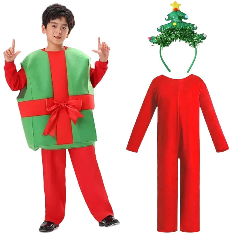 

Christmas Gift Box Cosplay Costume Red Jumpsuit Funny Xmas Cos Stage Performance Clothes for Children Theme Party Kids