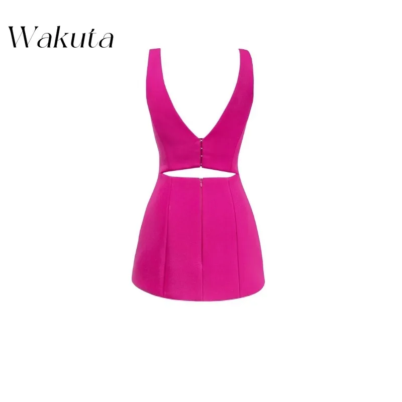 Wakuta-vestido de cóctel sin mangas con cuello cuadrado para mujer, minivestido Sexy de corte en A con cremallera en la espalda, color liso, estilo americano