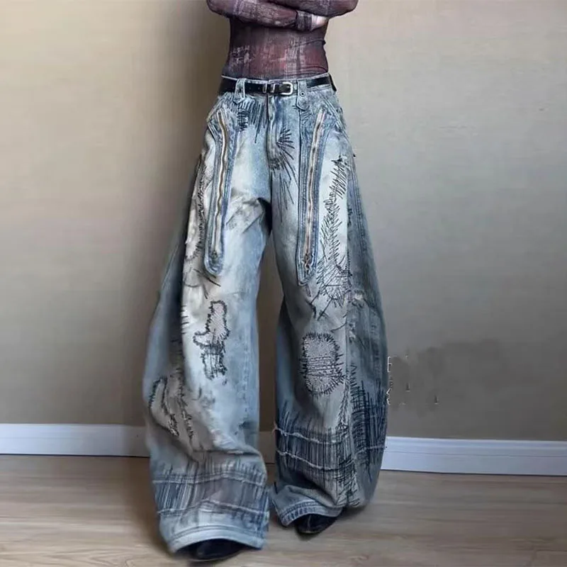American Retro Washed Denim Jeans with Distressed and Printed Design, Loose and Wide-leg Streetwear Pants for Women