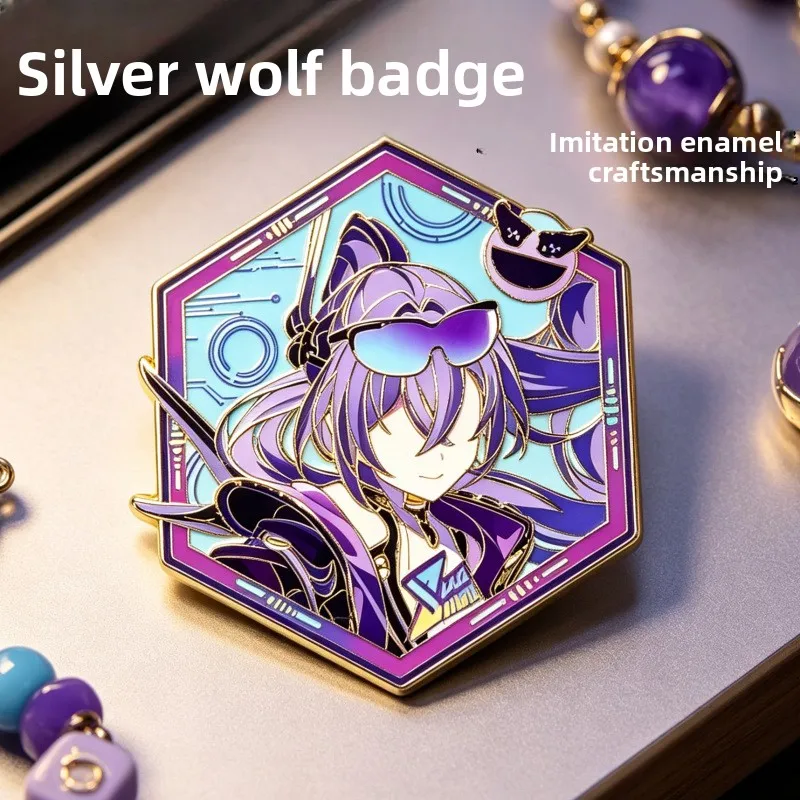 Honkai Star Rail Silver Wolf Hexagon Enamel Pin, Fanart Metal Lapel Brooch Badge for Backpack, Collectible Gift-   •