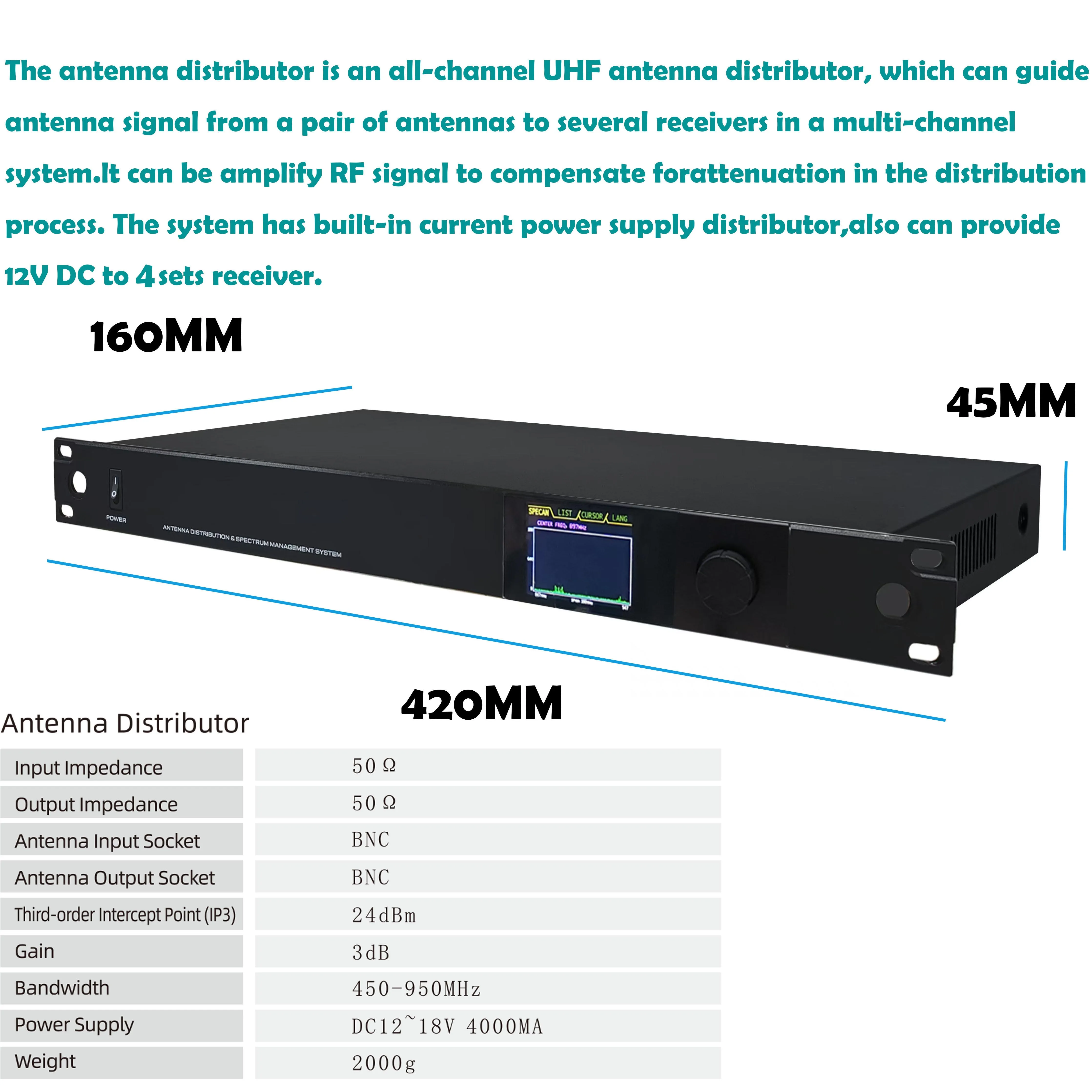 Leicozic 8-Channel RF Signal Distributor System With Spectrum Monitoring For Wireless Mic Antenna Distribution 450-950Mhz AXT680