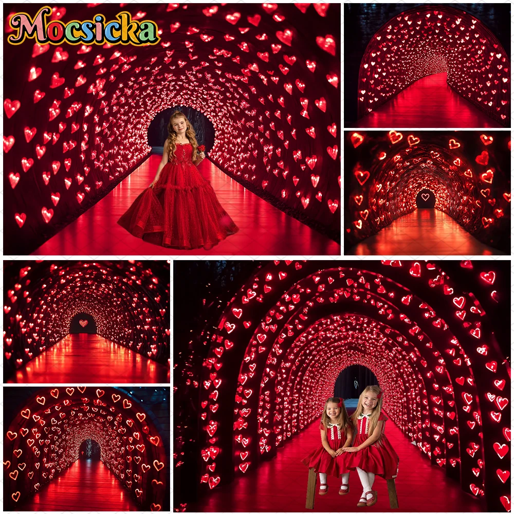 

Mocsicka Love Tunnel Photo Backdrop Valentine's Day Romantic Love Corridor Red Heart-Shaped Light Decorations Wedding Background