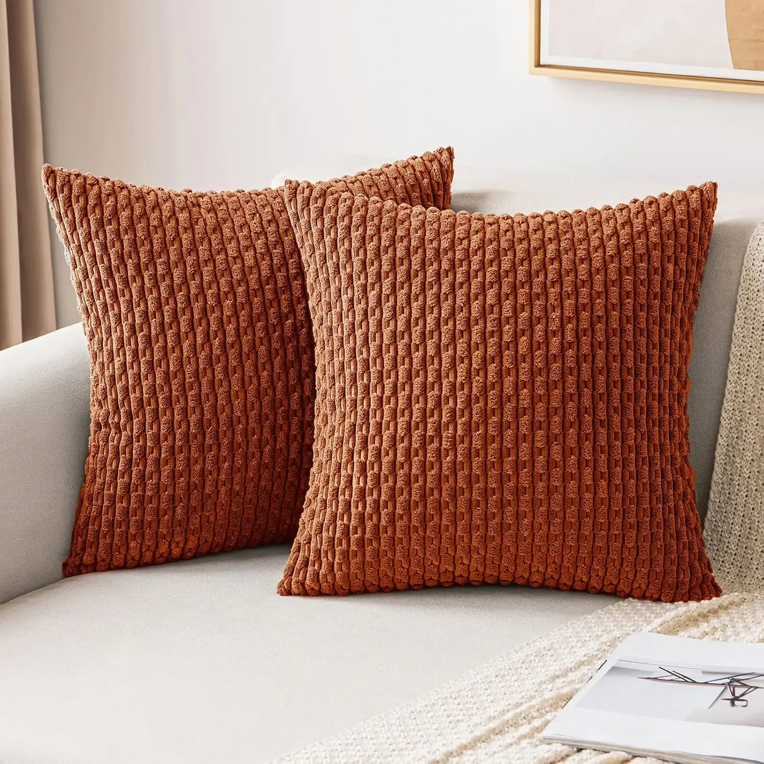 Fall Rust Throw Pillow Covers Soft Corduroy Boho Striped Fall Pillow Covers Pillowcases Farmhouse Home Decor 18x18 Inch Rust