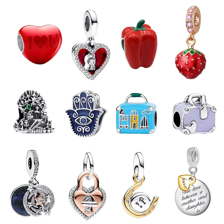 Hot Sale Colour-changing Heart & Seeded Strawberry Fruit Dangle Charm Bead Fit Original Silver 925 Bracelet Jewelry Gift