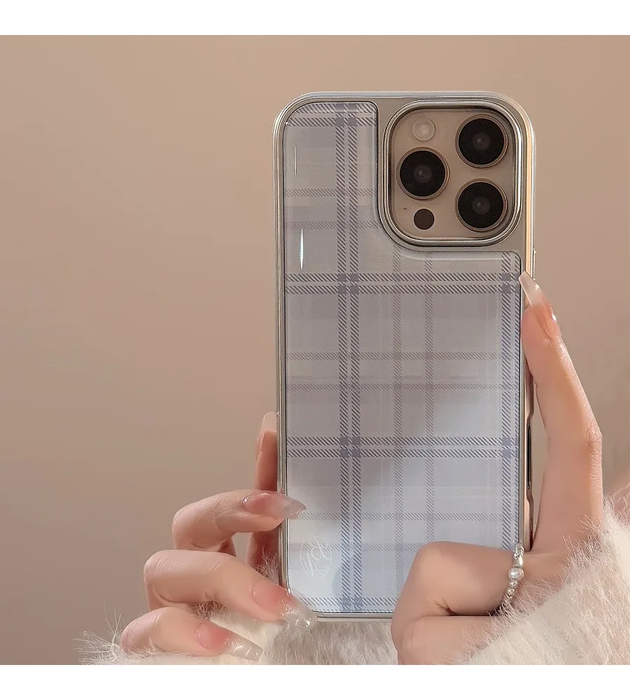 Light Blue Plaid Electroplated Phone Case For iPhone 12 13 14 15 16 17 Korean Simple Check Pattern Glossy Slim Protective Cover
