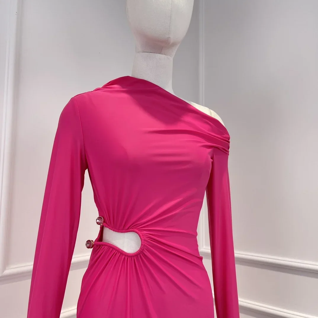 Vestido longo vermelho rosa feminino, elegante recortado, cintura de um ombro, manga cheia, monocromático, nova coleção para férias, 2023