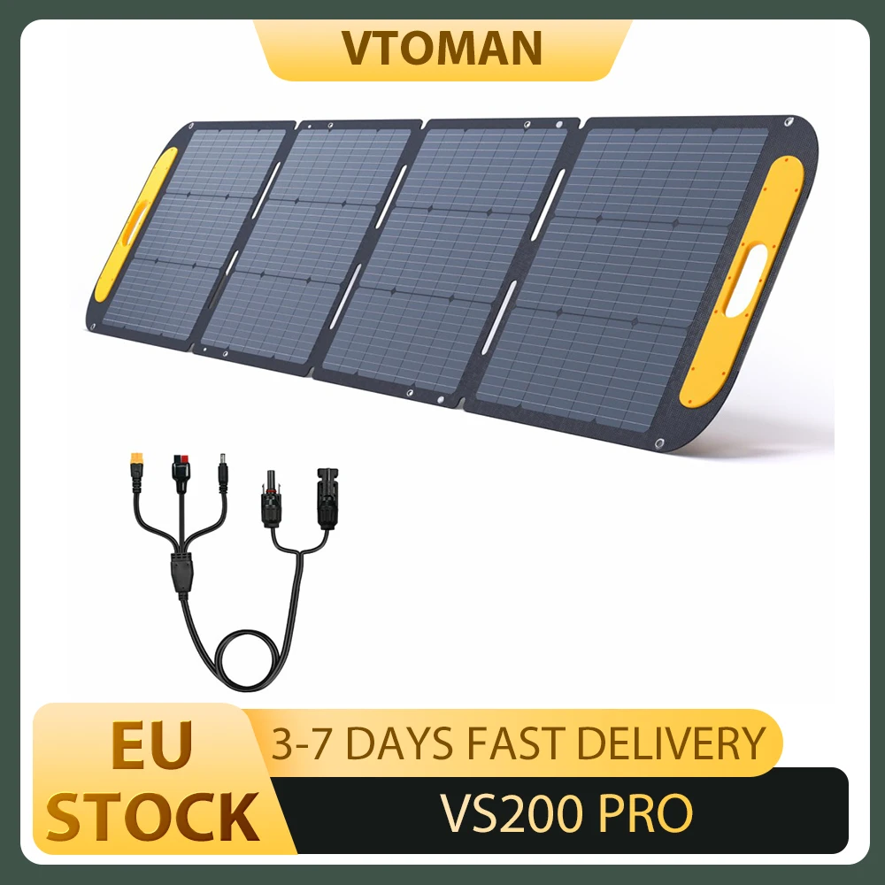 VTOMAN VS200 PRO 200W faltbares Solarpanel, 23 % hocheffiziente monokristalline Zellen, IP67 wasserdichte ETFE-Oberfläche, verstellbarer Ständer, MC4-Anschluss für tragbare Kraftwerke