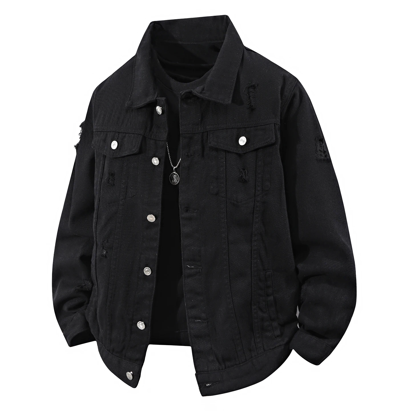 

Мужская джинсовая куртка для весны и осени, повседневная, модная, черная/синяя, с дырками, в стиле стритвир, хип-хоп, верхняя одежда, с отложным воротником