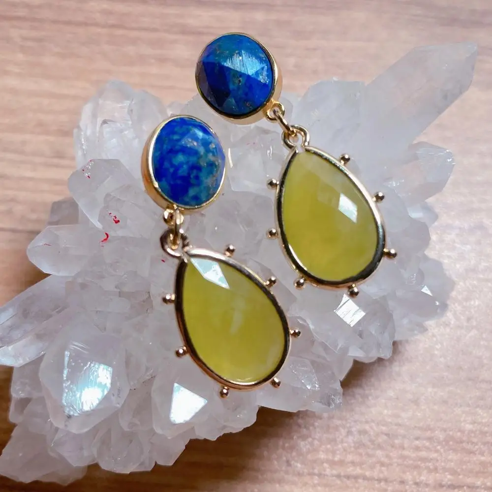 

yygem 8x12mm Blue Lapis oval Gold Plated Teardrop 12x17mm Lemon QuartzDangle Earrings Natural Stone