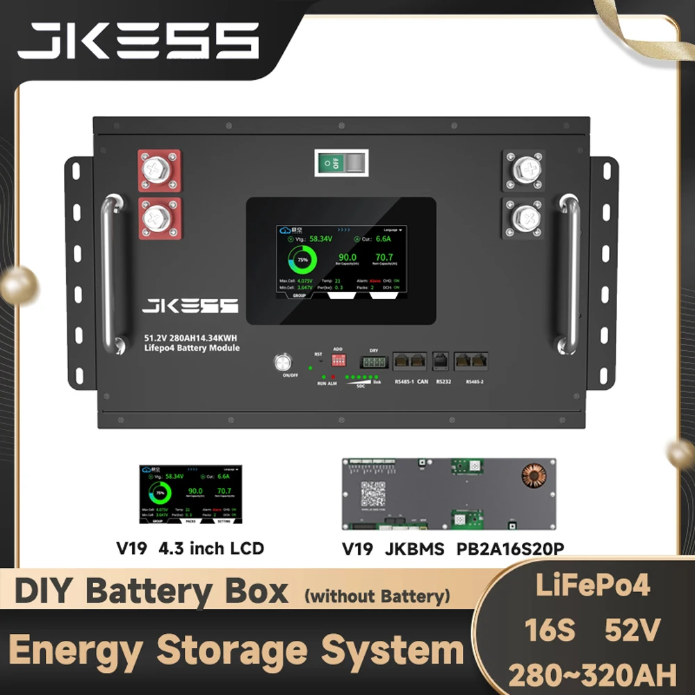 Kit de batterie LiFePo4 JKESS 16S 48V, boîte vide DIY, 51.2V 314AH 16KWH, système de stockage d'énergie JKBMS avec RS485 RS232 CAN LCD