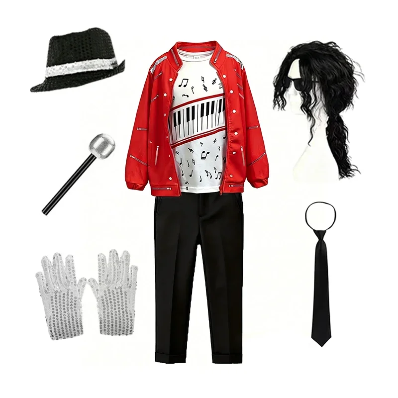 Kinder Jungen Superstar Sänger Cosplay Kostüm Set Rote Jacke Hose Hut Handschuhe Perücke für Halloween Party Auftritt – Detail 8