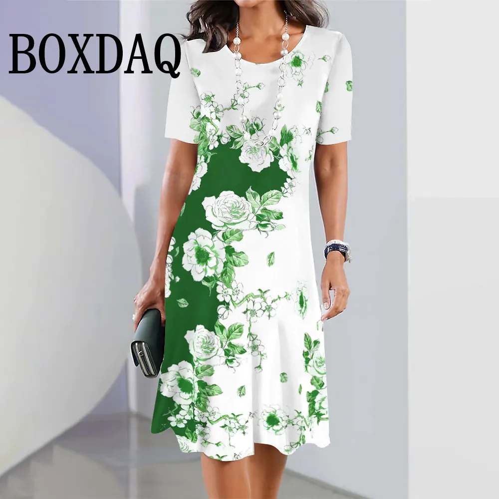 Women Summer Flower Printed Dress Color Block O-Neck Short Sleeve Elegant Ladies Loose A-Line Dress Fashion Casual Mini Dresses