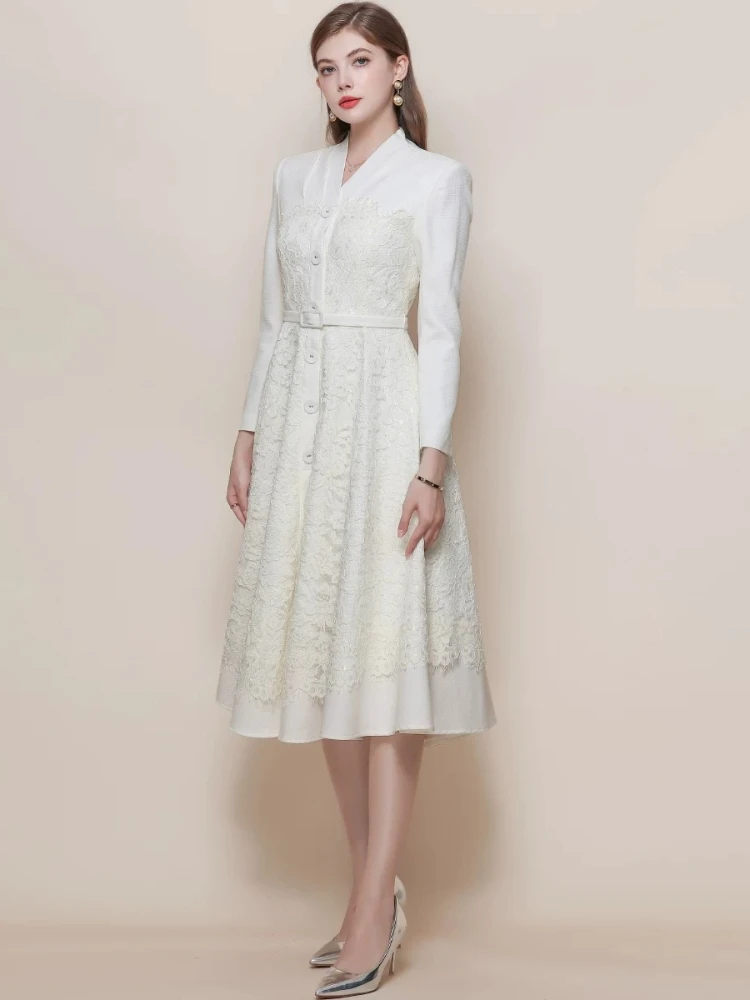 Dress Vintage Cinched Waist V Neck Lace Long Sleeve A Line Large Hem Elegant Refined Socialite Romantic Maxi Gown With Belt