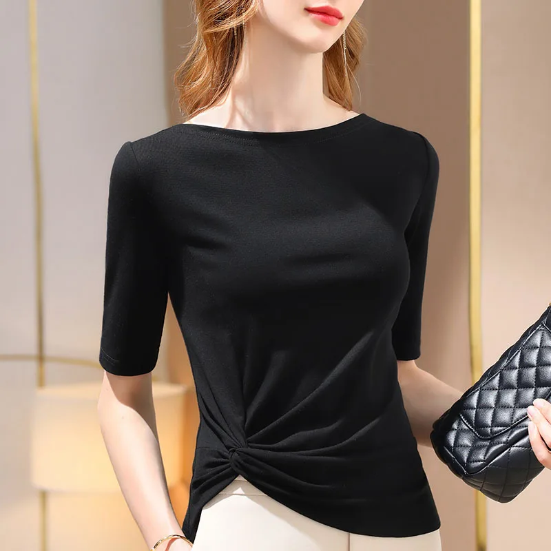 Women's One Line Collar Pleated Cotton T-shirt, Monochromatic, Chic, Quarter Sleeve Top, Spring and Autumn, New