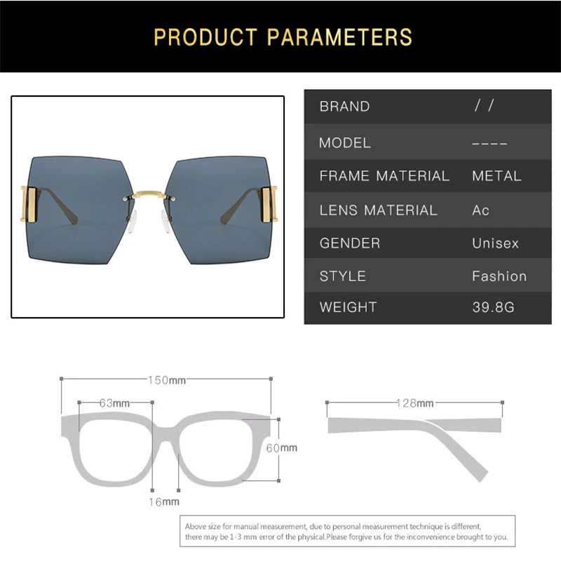 المتضخم بدون شفة إطار مربع شرائح النظارات الشمسية للرجال النساء التدرج كبير المعادن UV400 نظارات شمسية الذكور الإناث نظارات 2025 جديد