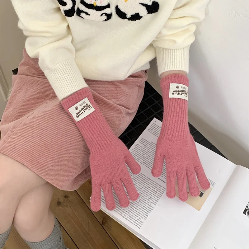 Fashion Winter Warm Gloves for Women Solid Color Thicken Knitted Long Gloves Work Study Casual Touchscreen Full Fingers Mittens