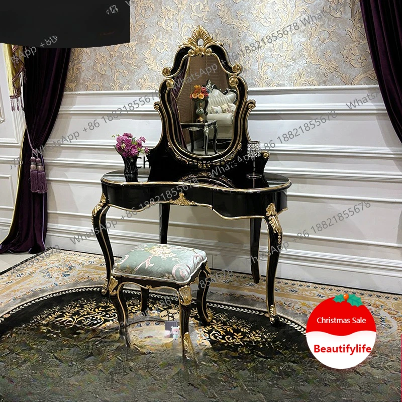 

French solid wood dresser makeup stool combination, European court luxury carved dresser table