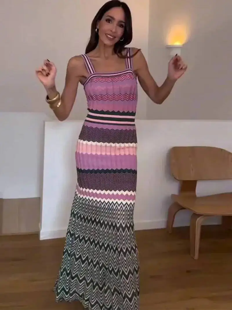 Elegant Knitting Dress Women Slim Sleeveless Square Collar Sling Long Dresses 2025 Autumn New Female Vacation Fashion Robes TDS8