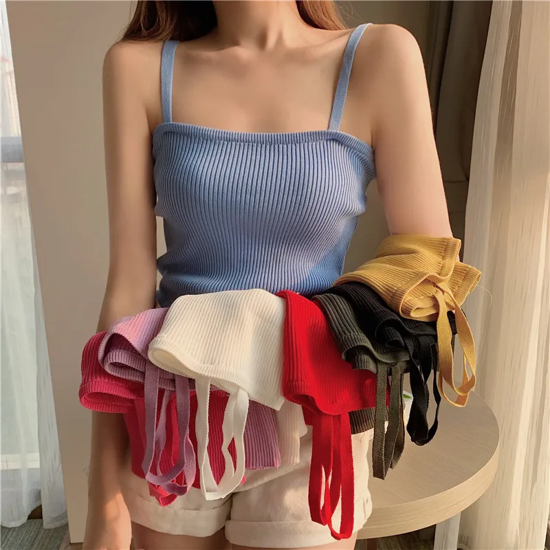 Summer Knitting Thin Camis Girls Simple Base Sleeveless Tee shirts High Stretchy Camisole Crop Top For Women