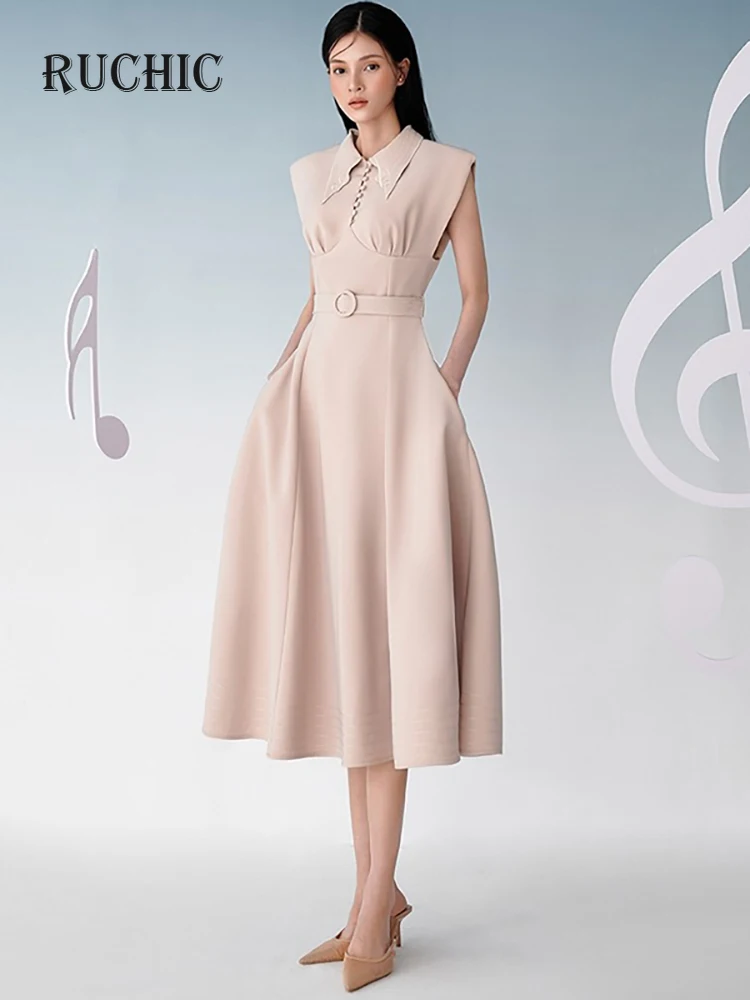 

Autumn 2024 New Women’s Fashion Dress Belt Lapel Sleeveless Waist Retraction with Embroidery and Pockets Mid-calf Dress