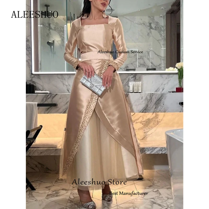 Aleeshuo Champagne Prom Dress Square Collar Pearls Beaded Long Sleeves A-line Ankle-Length Vestidos De Noche فساتين مناسبة رسمية