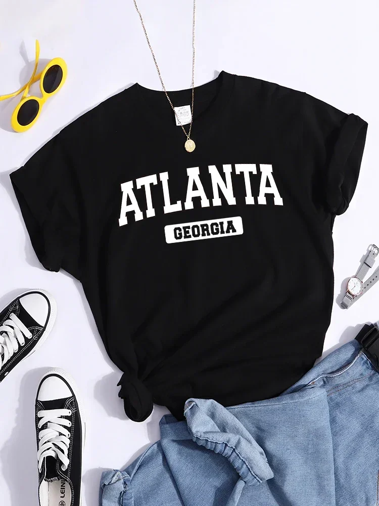 Casual Loose Tshirt Individual Essential Women Top Atlanta Georgia  Tshirt Round Neck Summer Breathable T-Shirt Hip Hop