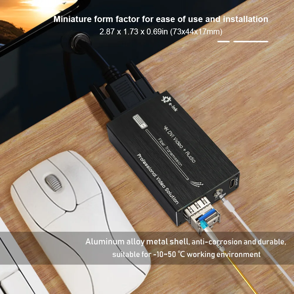 Mini 4K DVI Fiber Converter Ultra HD Video Optical Transceiver with External Stereo Audio (RS232) Type-C 5V Power Input