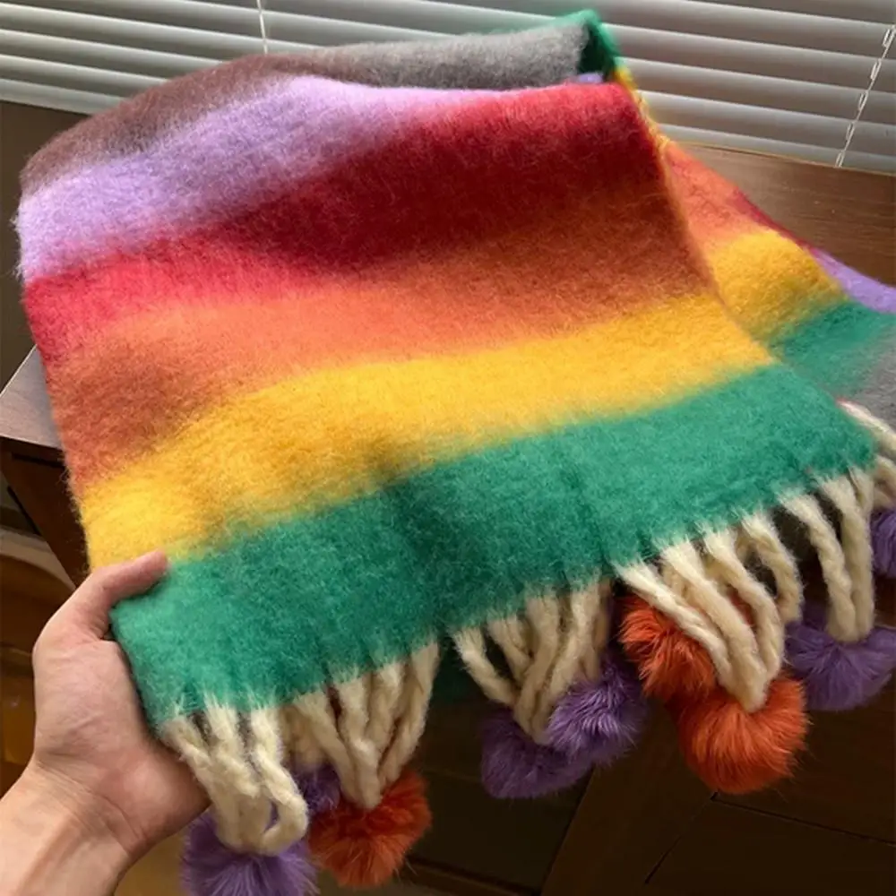 

Зимний мягкий теплый шарф для женщин, модный красочный Радужный полосатый шарф из мохера, винтажный толстый мягкий длинный шарф Bufanda, шаль
