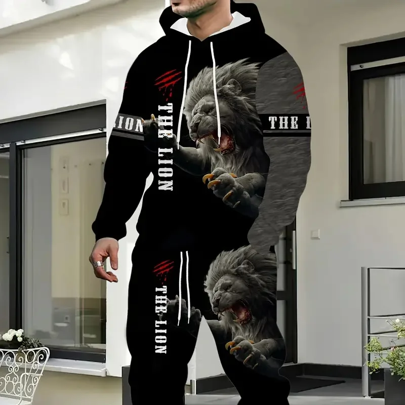 New 2025 spring and autumn 3D printed sweatshirt outfit, featuring a 2025 round neck drawstring waist long trousers sports leisu