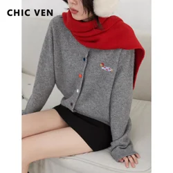 CHIC VEN Women Cardigan Loose Casual New Round Neck Love Button Dog Embroidery Knitted Sweaters Female Top Spring Autumn 2025